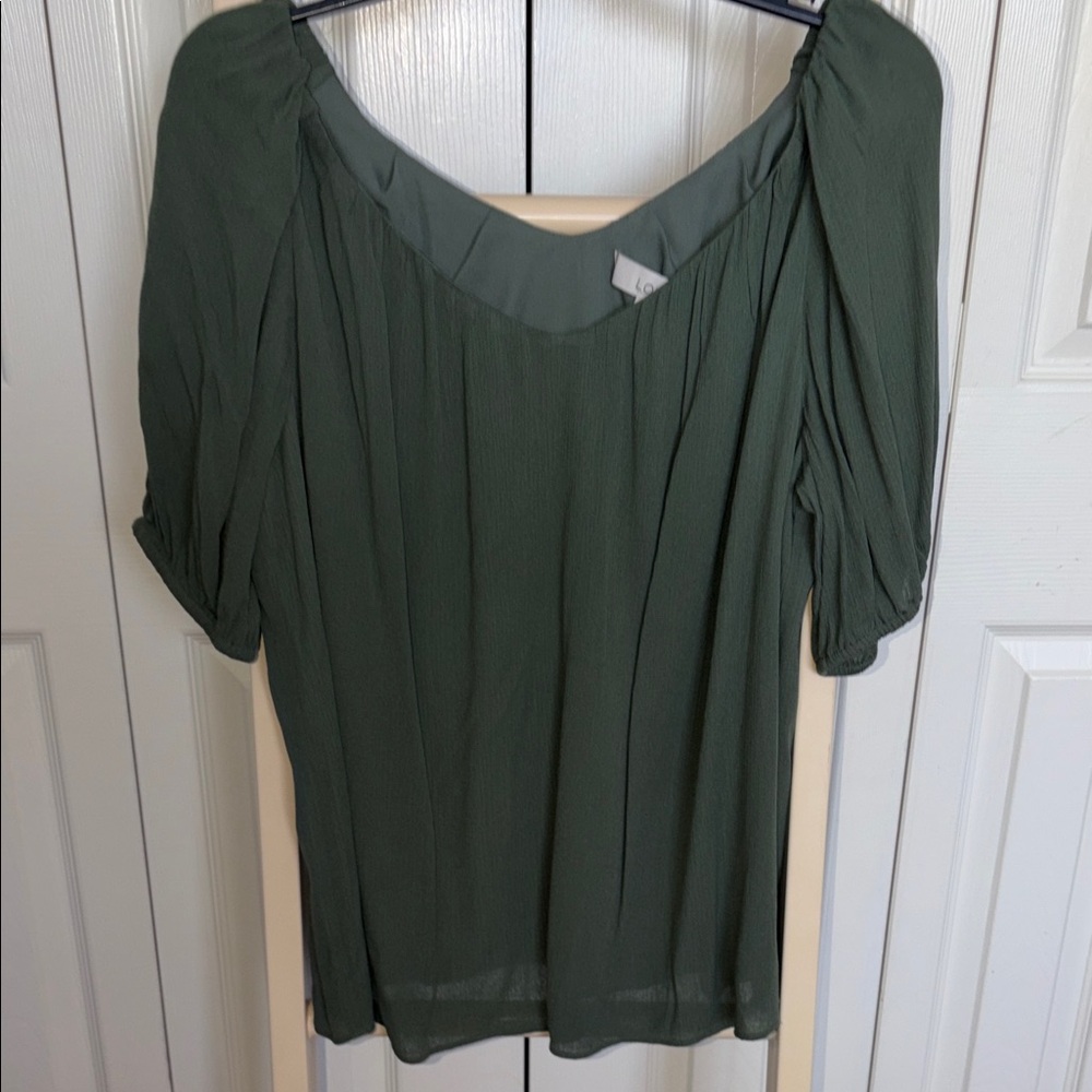 LOFT Olive Green Puff Sleeve Scoop Neck Blouse